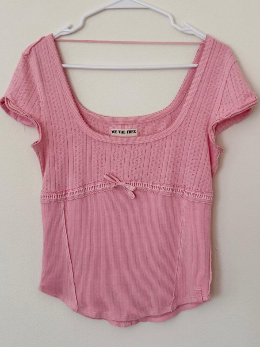 Free People We The Free Pink Pointelle Bow Baby Tee Size Medium